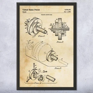 Weight Bar Patent Wall Art Poster, Canvas or Framed Gym Decor Gifts For Men - Picture 1 of 15