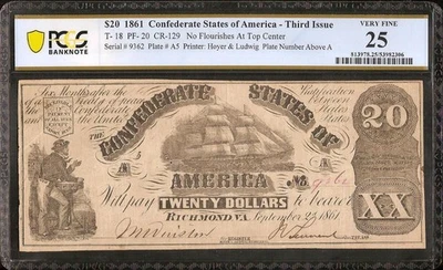1861 $20 BILL CONFEDERATE STATES CURRENCY CIVIL WAR SHIP NOTE MONEY T-18 PCGS 25 - Image 1 of 2