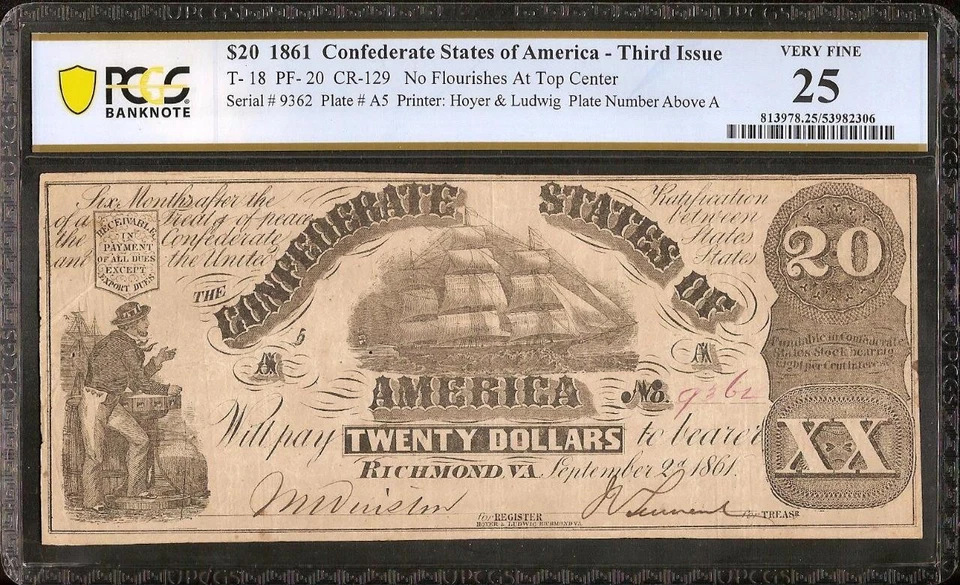 1861 $20 BILL CONFEDERATE STATES CURRENCY CIVIL WAR SHIP NOTE MONEY T-18 PCGS 25 - Image 1 of 2