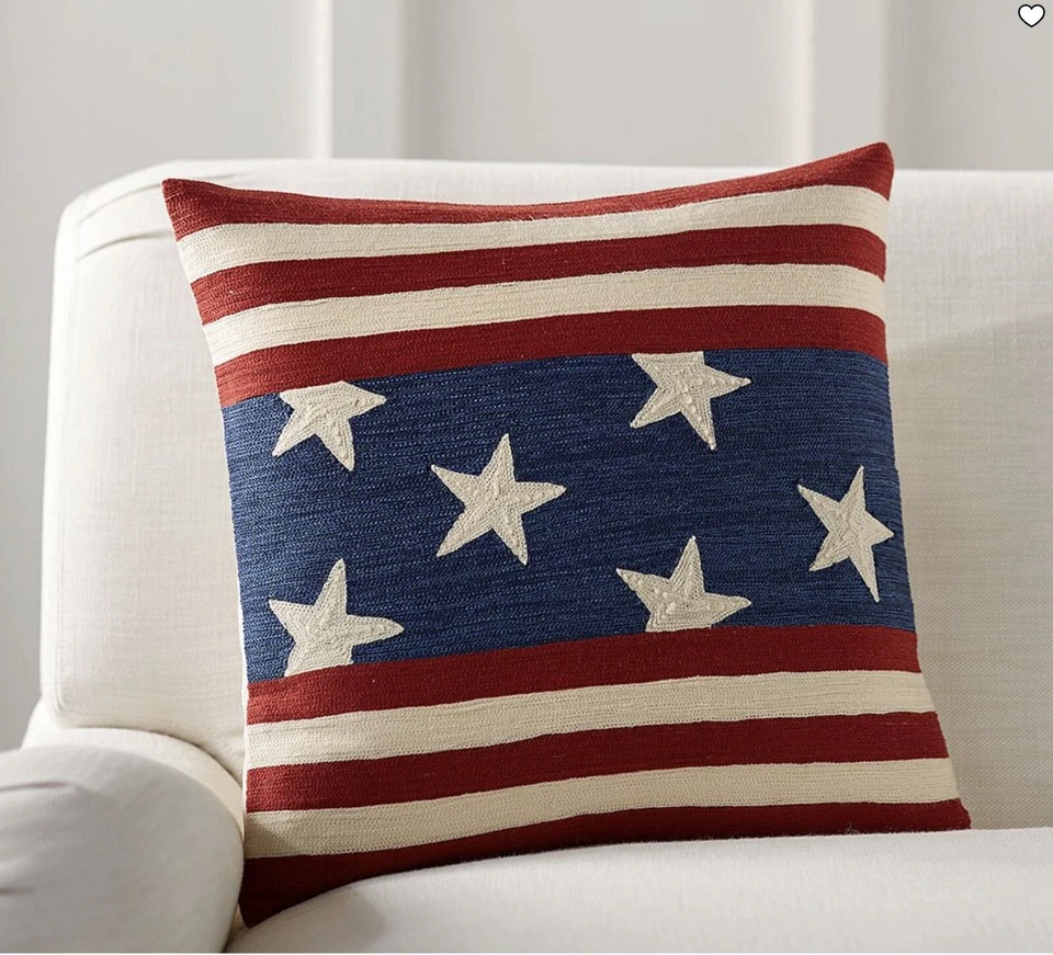 Embroidered American Flag Knit Pillow Cover – 18” Square Patriotic Stars Stripes - Image 1 of 3