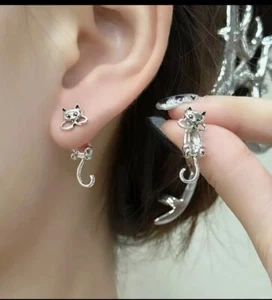 Fashion Jewelry Cat Earrings 2 pc Silver Color Earrings Women Girl Gift 3D NEW - Picture 1 of 3