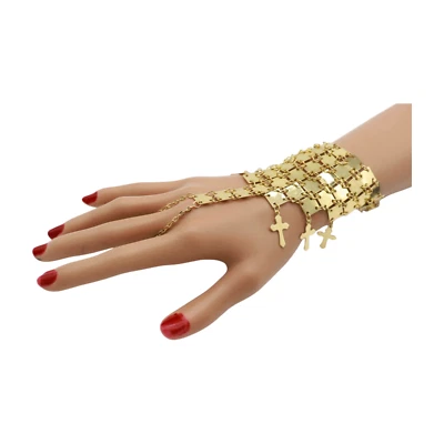 Mujer Color Dorado Metal Cadena Pulsera Cruz Religiosa Dije Anillo Conectado Foto 1 de 4