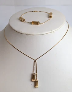 14K Yellow Gold Chain Necklace Reeded Barrel Dangles w Matching Bracelet 5.5 gr - Picture 1 of 13