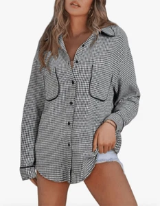 NEW Houndstooth Shacket Jacket Long Sleeve Button Down Shirt M - Picture 1 of 6