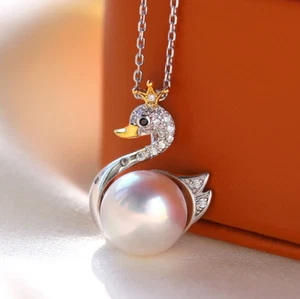 AAAA 9-10mm Schwan Exquisit Natur Südsee Weißbrot Perle Anhänger S925 - Bild 1 von 5