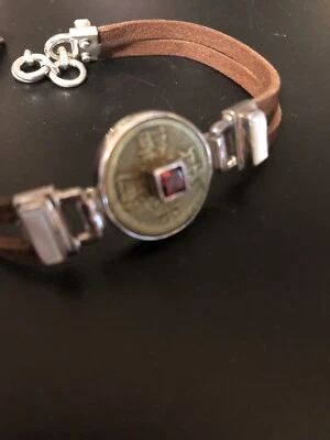 Pulsera de cuero vintage Sajen moneda china plata de ley 925 granate mop Foto 1 de 3