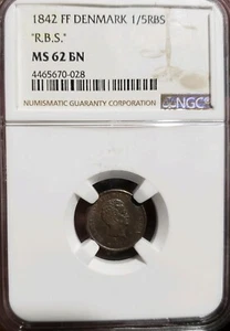 1842 FF DENMARK 1/5 R.B.S NGC MS62 BROWN . Rare Uncirculated  - Picture 1 of 2