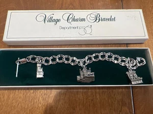 Three 925 Silver Pendants On 925 Dept 56 Christmas Village Charm Bracelet 7 inch - Picture 1 of 12
