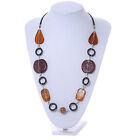Ceramic Bead and Black Wood Ring Cotton Cord Necklace - 70cm L/ Brown/ Amber