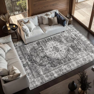 6X9 Washable Area Rug for Living Room, Non-Slip Low Pile Vintage Carpet Black - Picture 1 of 11