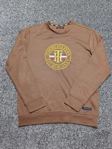 Tommy Hilfiger Sweatshirt Men XL Brown Big Logo Embroidery Pullover Crew Neck - Picture 1 of 8