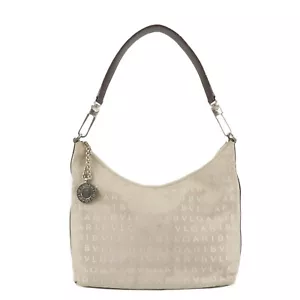 Auth BVLGARI Logomania Canvas Leather Shoulder Bag Beige Dark Brown Used F/S - Picture 1 of 24