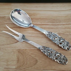 Vintage Serving Fork & Spoon Set Ornate Scroll Handles 60 GP Teapot Mark 9.5" - Picture 1 of 10
