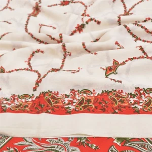 Sanskriti Vintage weiß & rot Sari Moos Krepp Blumenmuster 5 Yard Handarbeit Sari - Bild 1 von 9