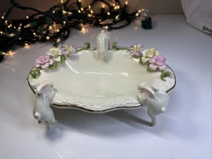 3 Bunny Rabbits Climbing In Candy Sweets Dish With Delicate Flowers - Picture 1 of 10