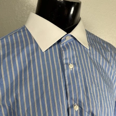 Camisa masculina Brioni 18" grande listrada azul branca manga longa punho francês Itália - Imagem 1 de 4