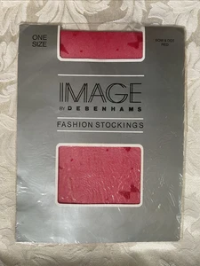 Vintage Image By Debenhams Red Nylon Stockings Bow & Dot One Size 8.5-11 22-28cm - Picture 1 of 4