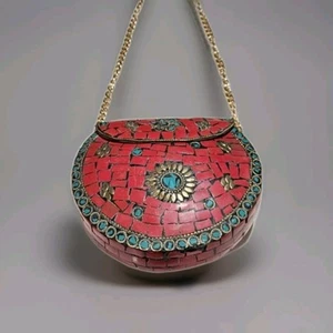 Vintage Handmade red coral, gemstones And Brass mosaic, Clutch Handbag Rare Item - Picture 1 of 12