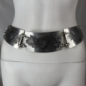Vintage Aluminum Belt Circa 1950's embossed roses floral design western boho 28" - Picture 1 of 12