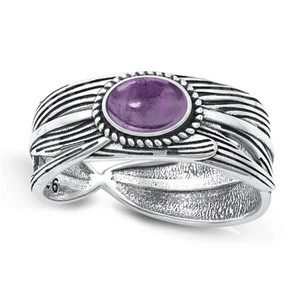 Classic Amethyst Feather Ring New .925 Sterling Silver Leaf Band Sizes 6-10 - Picture 1 of 3