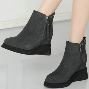 Winter Chunky Sneakers Womens Black Grey Cow Leather Wedges High Heel Snow Boots - Picture 1 of 15