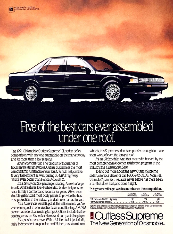 1991 OLDSMOBILE CUTLASS SUPREME SL SEDAN—ORIGINAL VINTAGE '91 MAGAZINE PRINT AD - Image 1 of 1