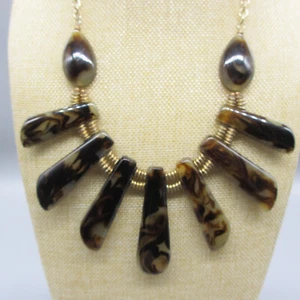 Chicos Collar Bib Necklace Lucite Simulated Tortoise Shell Statement Gold Tone - Picture 1 of 10