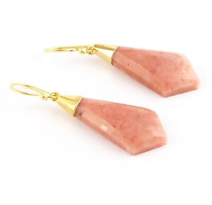 Fashionable Real Pink Opal Yellow Gold Plated Kite Shape Drop Dangle Earrings 