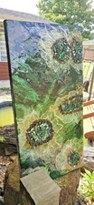 LARGE. ORIGINAL RESIN PAINTING BY KARAFUZE ON WOOD FRAMED PANEL GREEN/GOLD