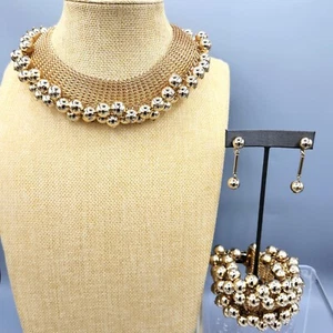 Raro Bergère Parure Chapado en Oro Bola Malla Collar Pulsera Pendientes - Imagen 1 de 12