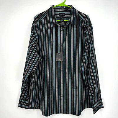Claiborne Mens XXL Button Front Shirt Black Turquoise Stripes 100% Silk Long Slv - Image 1 of 4
