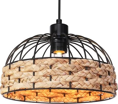 Modern Rattan Ceiling Pendant Light Metal & Woven Wicker Hanging Lamp Shade - Image 1 of 4