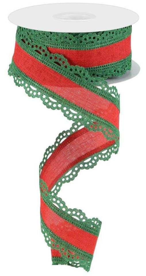 Scalloped Edge Christmas Ribbon, Red with Emerald Green Scallop, Royal Burlap, W - Image 1 of 1