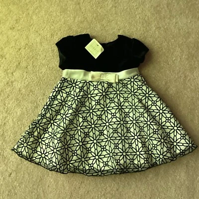 全新带标签乔治派对/假日季节连衣裙,黑色/白色,天鹅绒上衣,蝴蝶结,24 个月 — 第 1/4 张图片