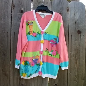 JACK B. QUICK Cardigan Womens Size L Pink Cocktail Print Embellished Beaded Cute - Picture 1 of 13