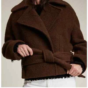 AllSaints Boston Cropped Oversized Fleece Biker Moto Jacket Brown Chocolate 8 - Picture 1 of 12
