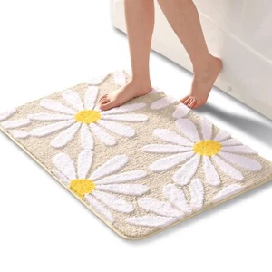 Beige Bathroom Rugs Cute Daisy Bath Mat White and Yellow Flower Decor Rug Non... - Picture 1 of 6
