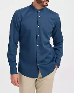 BOSS Hank Mandarin Collar Shirt Stretch Cotton Slim Fit Blue - Size 15.5 / 39 - Picture 1 of 6