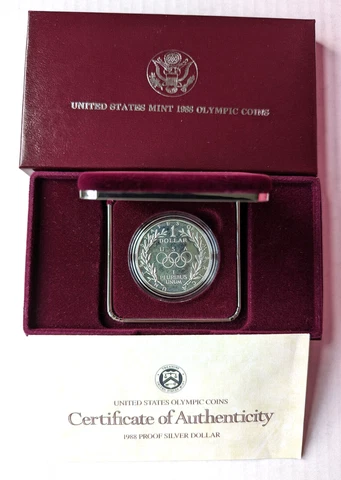 1988 S Proof Olympic US Mint Commemorative 90% Silver Dollar Coin COA w/ Box Cover