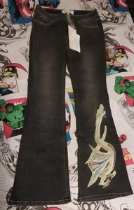 Sheryl Crow Size 8 Embroidered Dragon Black Embellished Flare Jeans Y2k - Picture 1 of 11