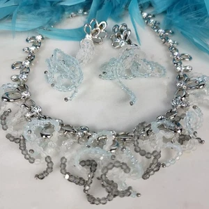 SWAROVSKI~SWAN SIGNED VINTAGE BLUE BEADED CRYSTAL DANGLE NECKLACE EARRINGS SET - Picture 1 of 21