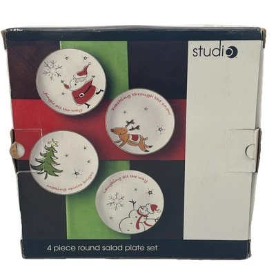 Modern Jingles Round Salad Plates 8" JCP Studio Porcelain Silver Trim North Pole - Image 1 of 4