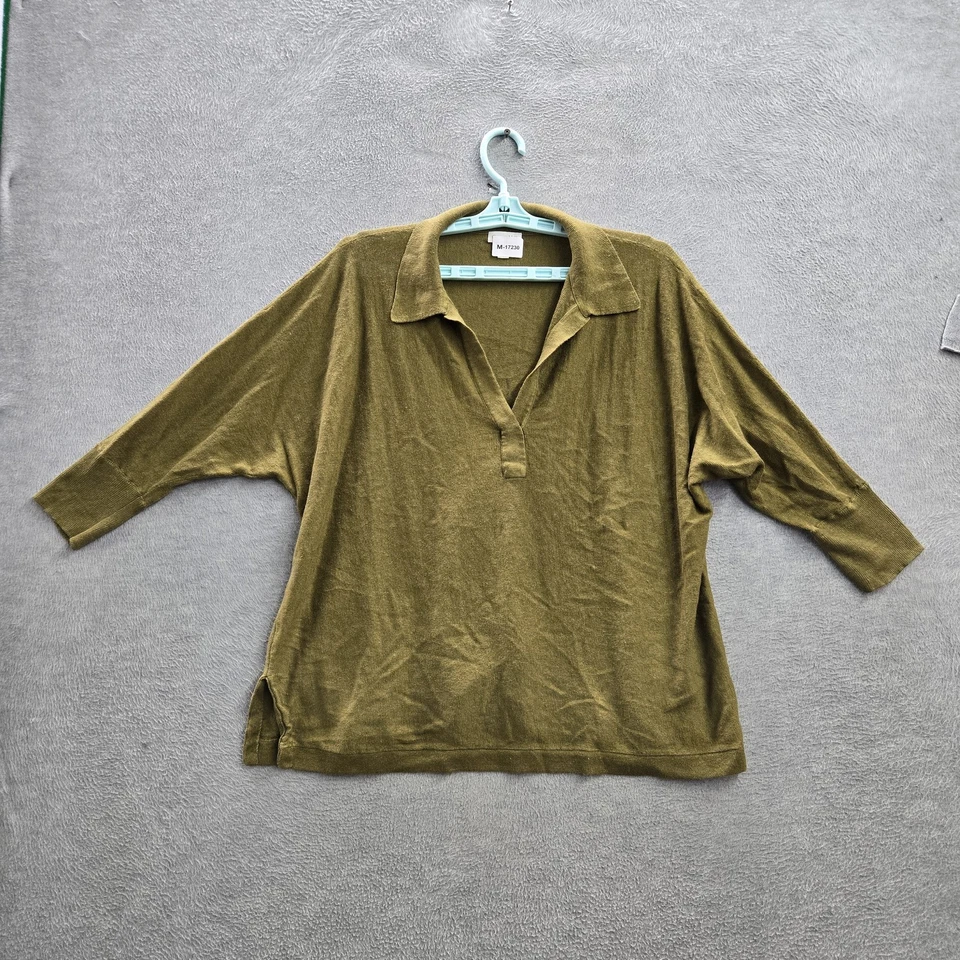 Garnet Hill Women Sweater M Green Linen Oversized Polo Long Sleeve - Image 1 of 4