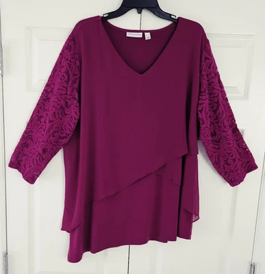 Susan Graver Liquid Knit Tunic Chiffon Tiers 3/4 Lace Sleeves Size XL Berry - Image 1 of 4