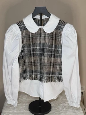  NEW! ZARA White Multi Plaid Tweed Fringe Long Sleeve Blouse Size Medium Preppy  - Image 1 of 4