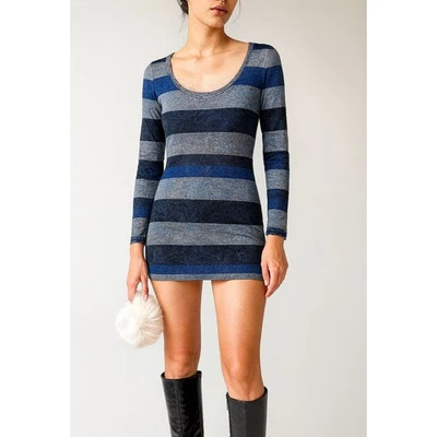 Mini Vestido Custo Barcelona Rayas Azul Gris Manga Larga Viscosa Tencel Foto 1 de 4