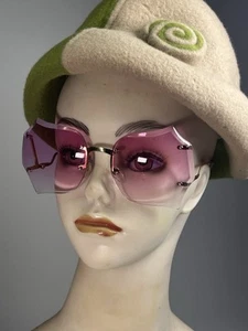 Pink Rimless Oversize Classic Vintage Retro Sunglasses, Gold Frame, 1970's NOS - Picture 1 of 11