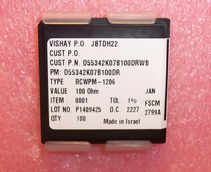 QTY (100) 100 Ohm 1/4W 1% 1206 MIL-SPEC SMD RESISTORS D55342K07B100DRW RCWMP1206 - Picture 1 of 6