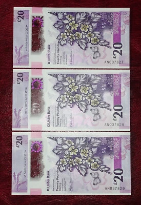 3x 2019 Ulster Bank £20 Ireland Polymer Plastic -{ UNC Consecutive }- P-345a - Image 1 of 2