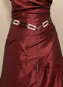 Vintage 1990s Black White Hippy Rectangular Plastic Coated Steel 43” Chain Belt - Picture 1 of 12